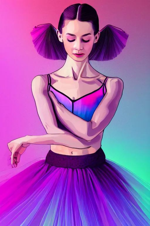 Prompt: a award winning half body portrait of a beautiful ballerina in a crop top and tutu with ombre purple pink teal hairstyle and hands in pockets by ari liloan, surrounded by whirling illuminated lines, outrun, vaporware, smooth, focus, shaded flat illustration, digital art, trending on artstation, highly detailed, fine detail, intricate