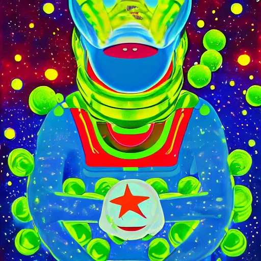 Image similar to a portrait of an alien cosmic psychedelic Super Mario waiting for you in deep space, by Gerald Blum