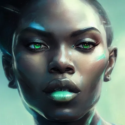 Image similar to A head-on detailed oil fantasy portrait of a beautiful black woman with pale green eyes and long white hair by greg rutkowski and artgerm, trending on artstation, dungeon and dragons art