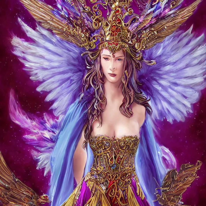 Image similar to Princess sorceress with red flaming bird wings on her back and sitting on an ornate throne dressed in a fancy long purple dress, beautiful hyper realistic face with a Slight smile and vivid blue eyes, Fantasy, Half Body Portrait, High detail, hyper realistic, planeswalker