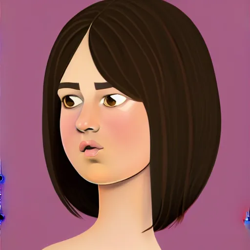 Image similar to chubby brunette woman with straight hair in a short bob, round face, romanian heritage, brown eyes, olive skin, bulbous nose, big chin, wide face, no bangs, digital art, cartoon, cute, 8k, illustration, trending on artstation, medium shot, head shot