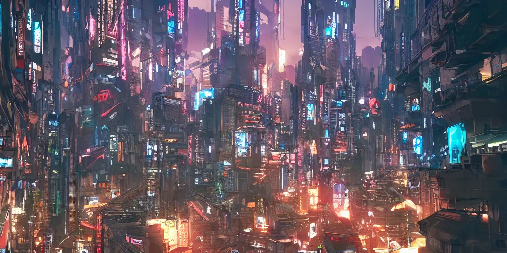 Image similar to Cyberpunk city with flying cars in Japan, evening, low angle view, detailed matte painting, cinematic, Moebius, Artstation