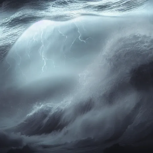 Prompt: of an ocean storm waves ’ form a shape of a wolves face and the wolves eyes are two beams of light epic cinematic lighting detailed