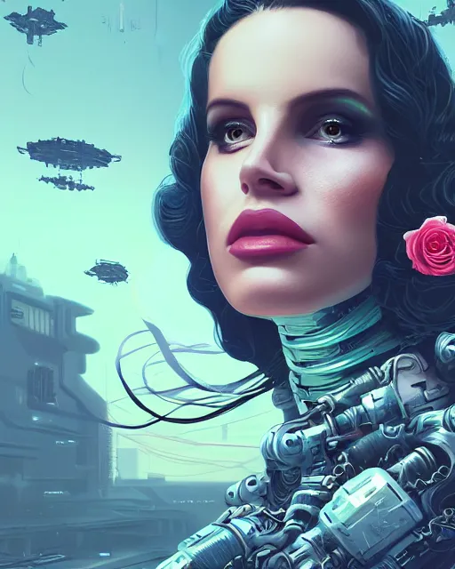 Image similar to portrait of lana del rey as a cyberpunk cyborg. roses, sci - fi, intricate abstract, upper body, intricate artwork, by tooth wu, wlop, beeple, dan mumford. concept art, 8 k octane render, deviantart, greg rutkowski, cinematic, key art, hyperrealism, iridescent accents