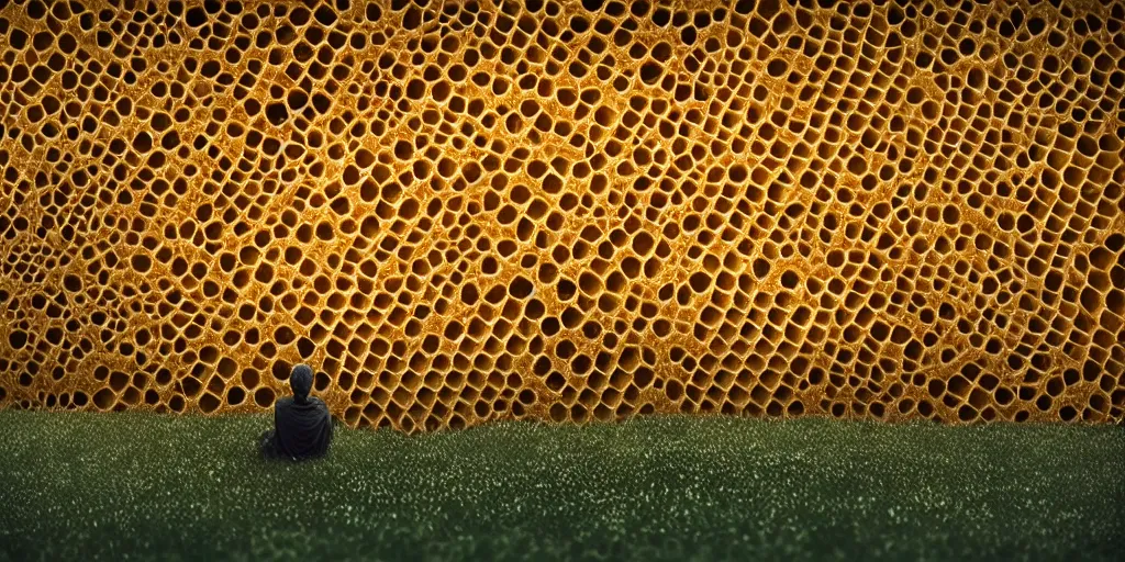 Image similar to real honeycomb organic building with dripping honey by tomas gabzdil libertiny sitting on the field, film still from the movie directed by denis villeneuve arrival movie aesthetic with art direction by zdzisław beksinski, telephoto lens, shallow depth of field