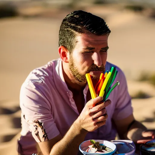 Image similar to portrait of a man in cameo sitting in the desert eating some delicious crayons, beautiful composition, 5 0 mm f 1. 8, ambient light