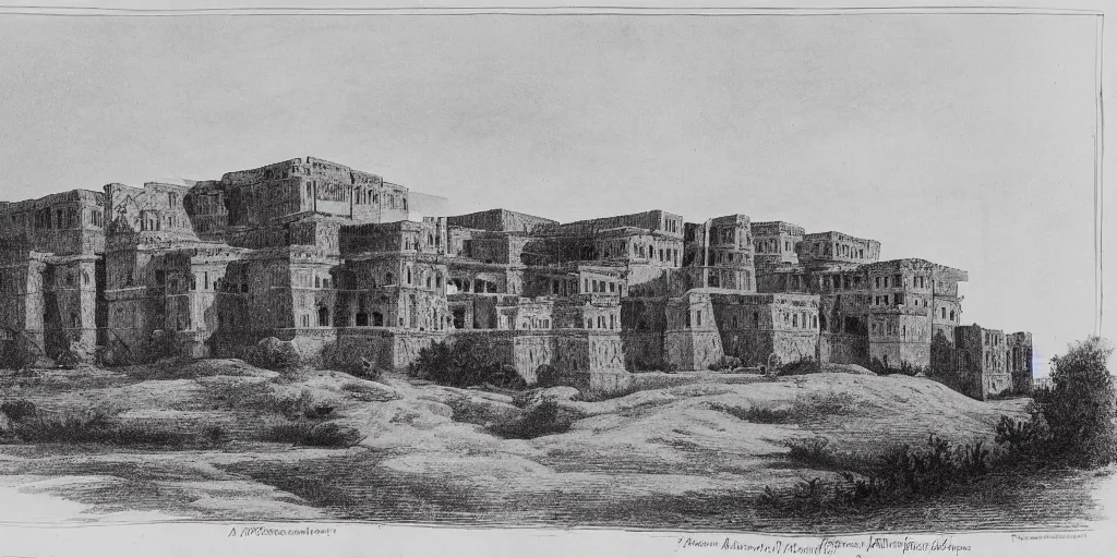 Prompt: ashanti rammed earth palace, it is located atop a hill and overlooks the capital city. 1 8 7 4. colonial era sketch