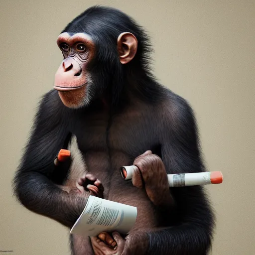 Image similar to a high detail shot of a chimp wearing a suit, smoking, render, cgsociety, photorealism