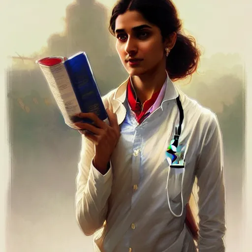 Image similar to Anxious good looking pale young Indian doctors wearing American clothes at the airport, portrait, elegant, intricate, digital painting, artstation, concept art, smooth, sharp focus, illustration, art by artgerm and greg rutkowski and alphonse mucha