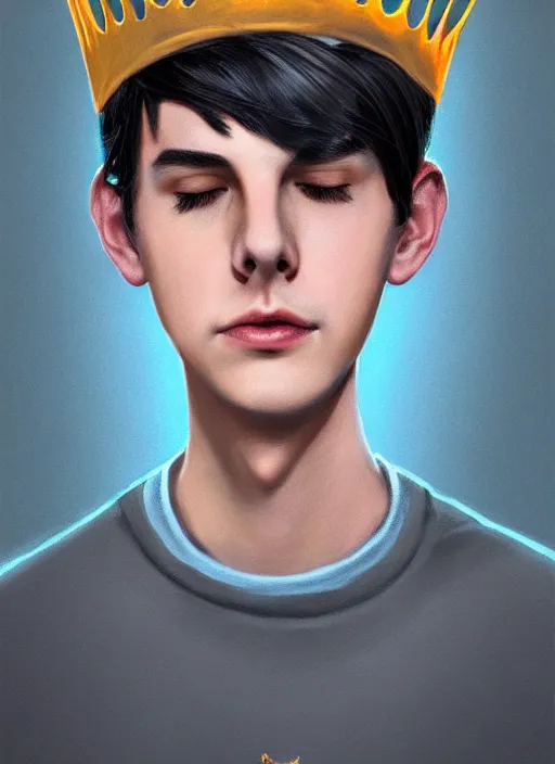 Image similar to portrait of teenage jughead jones wearing a light grey crown, photorealistic, crown, sweater with letter s on it, hamburger, eyes closed, crown, black hair, intricate, elegant, glowing lights, highly detailed, digital painting, artstation, concept art, smooth, sharp focus, illustration, art by wlop, mars ravelo and greg rutkowski