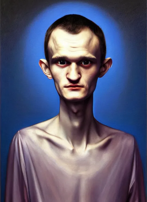 Prompt: vitalik buterin in the style of leonora carrington, gottfried helnwein, raqib shaw, chiaroscuro intricate composition, blue light by caravaggio, insanely quality, highly detailed, masterpiece, red light, artstation