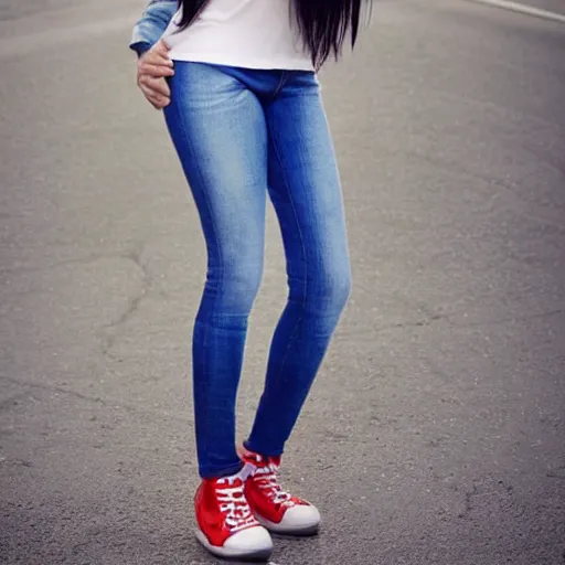 Image similar to 3 d octane render character design of a latina cute girl using tight white and red raglan sleeves with tight blue jeans and cool shoes, having silky long black hair with bangs