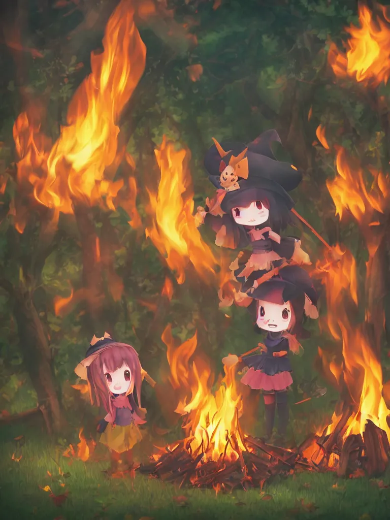 Image similar to cute fumo plush manic happy witch pyromaniac girl giddily starting a huge bonfire in the forest, anime, burning flames, warm glow and volumetric smoke vortices, rule of thirds composition, vignette, vray