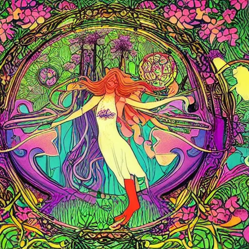 Image similar to art nouveau print hippies dancing in a flower forest, magic occult ceremony ritual summoning guitar, flowing forms, viewed from below, by pascal blanche, ultra wide angle, beautiful sky, highly detailed, 8 k artstation