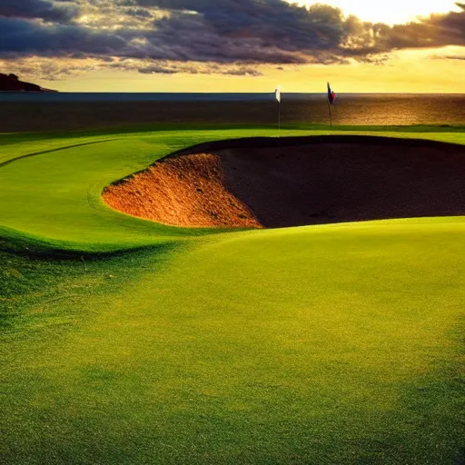 Image similar to a great photo from ground level of the most amazing golf hole in the world, cliffs by the sea, perfect green fairway, ambient light, golden hour