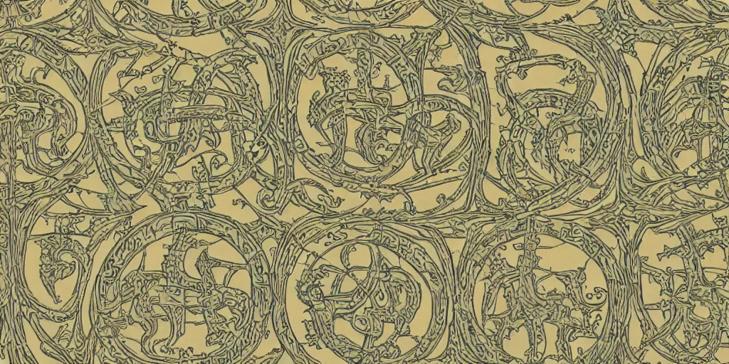 Image similar to scan of old symmetrical patterned wallpaper showing hay creatures and cryptic occult alpine symbols and dolomites