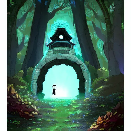 Image similar to a portal in ruins, glowing with its final power. in a landscape like forest. in the style of studio ghibli