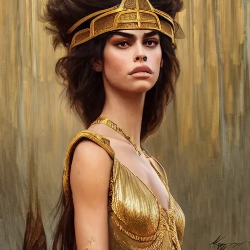 Image similar to Kaia Gerber as Cleopatra, intricate, elegant, highly detailed, digital painting, artstation, concept art, smooth, sharp focus, illustration, art by artgerm and greg rutkowski and alphonse mucha