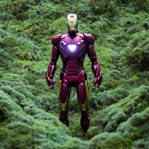 Image similar to abandoned iron man suit overgrown by moss in the middle of a forest, 4k realistic photo