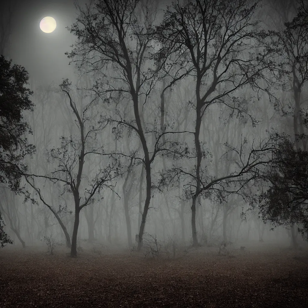 Prompt: a haunted forest, tombstone, fog, moonlight, web