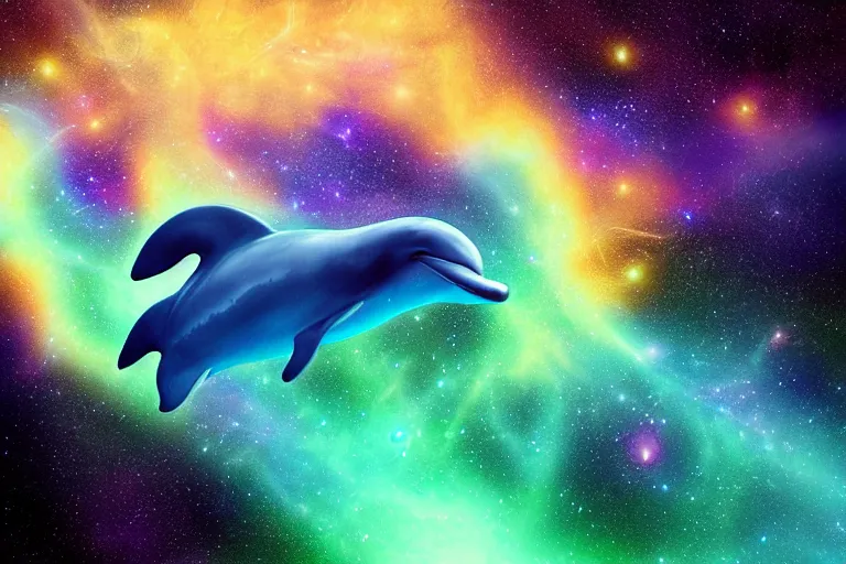 Image similar to a bioluminescent dolphin swimming through a space nebula leaving stardust trails, digital art, photorealistic