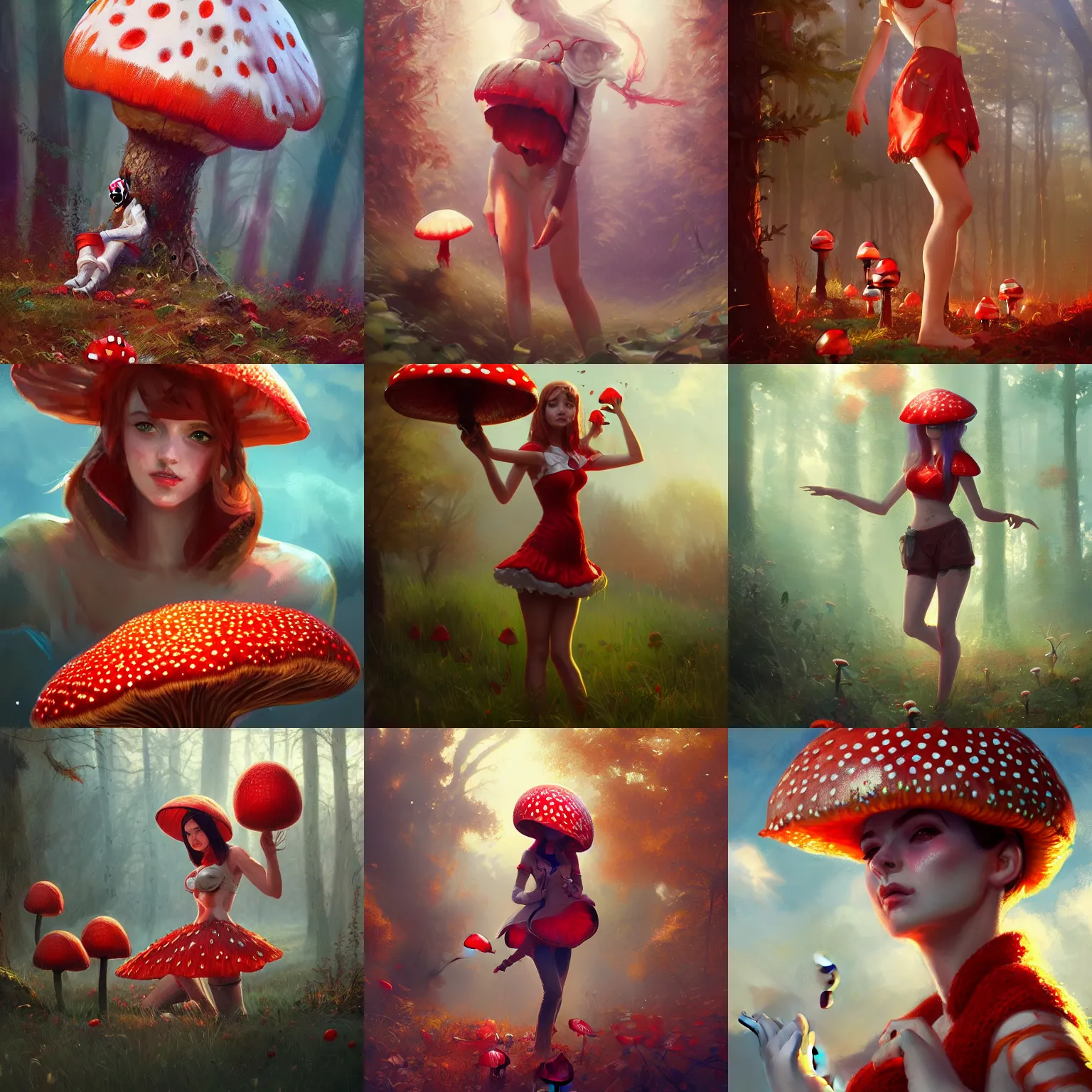 Prompt: girl cosplaying as fly agaric, full shot, concept art, natural lighting, illustration, full color, highly detailed, photorealistic, by greg rutkowski, artstation,