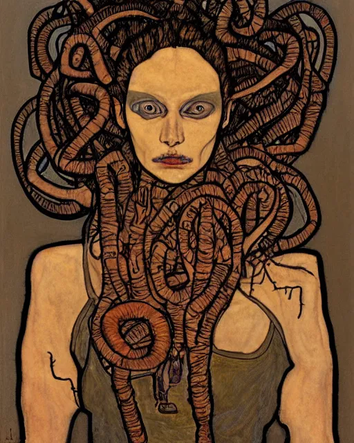 Image similar to portrait of cyberpunk medusa by egon schiele in the style of greg rutkowski