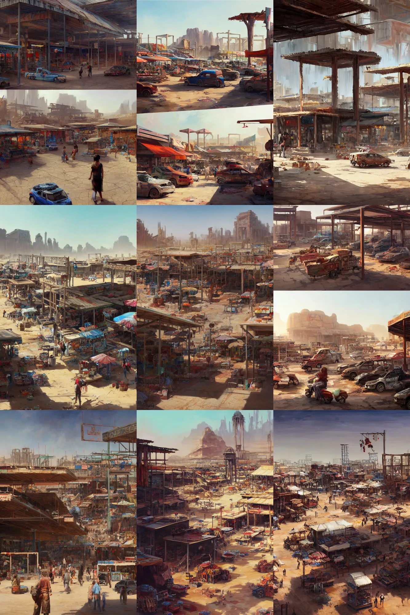 Prompt: painting of a dystopian desert marketplace that was once the american south, focus on merchant stands and customers, busy, bustling, vibrant, ancient ruins, sandy, ruined gas station and cars, by ruan jia, by conrad roset, by yoshitaka amano, cgsociety, artstation, portfolio quality.