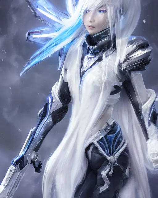 Image similar to perfect white haired girl, warframe armor, beautiful, dreamy, half asian, pretty face, blue eyes, detailed, windy weather, scifi, utopian architecture, laboratory, 4 k, ultra realistic, epic lighting, cinematic, high detail, masterpiece, art by akihito tsukushi, akasuki voidstar