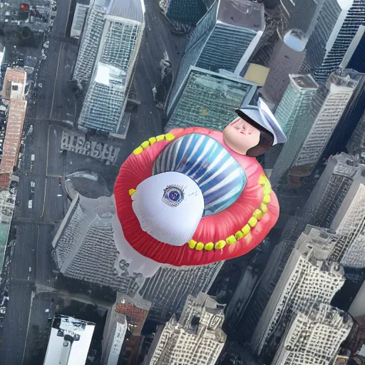 Prompt: Photo of a police officer inflated like a blimp. She's huge and round and floating over a cityscape.