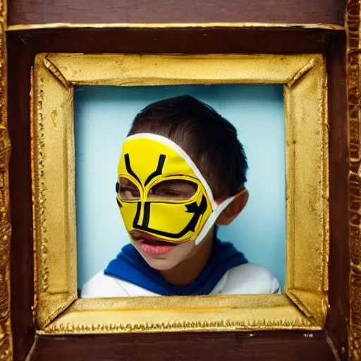 Image similar to 8 0 s school portrait of a boy wearing a luchador mask, wes anderson, realistic photo