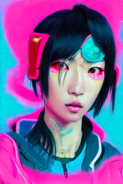 Image similar to portrait of a stylized japanese cyberpunk girl, wearing a bomber jacket, painted in acrylic, pigment textures, in the colors hot pink and cyan, beautiful realistic face, rule of thirds, spotlight, by greg rutkowski, by jeremy mann, by francoise nielly, by van gogh, by ross tran, in focus