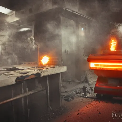 Image similar to cyborg toaster oven augmentation, dark messy smoke - filled cluttered workshop, dark, dramatic lighting, orange tint, sparks, cinematic, highly detailed, sci - fi, futuristic, movie still