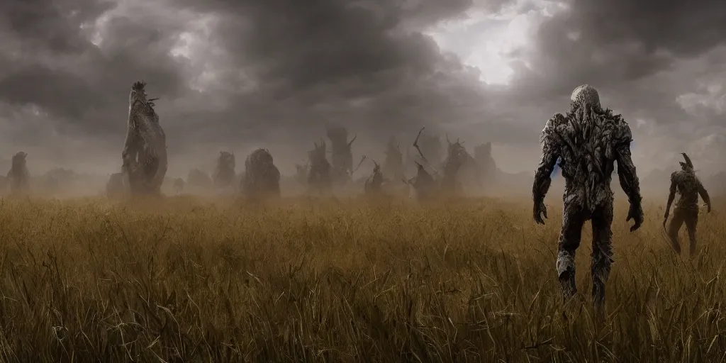 Image similar to a giant walking through a field of skulls, realistic 4 k octane beautifully detailed render, 4 k post - processing, highly detailed, intricate complexity, epic composition, magical atmosphere, cinematic lighting, masterpiece, ultra hd