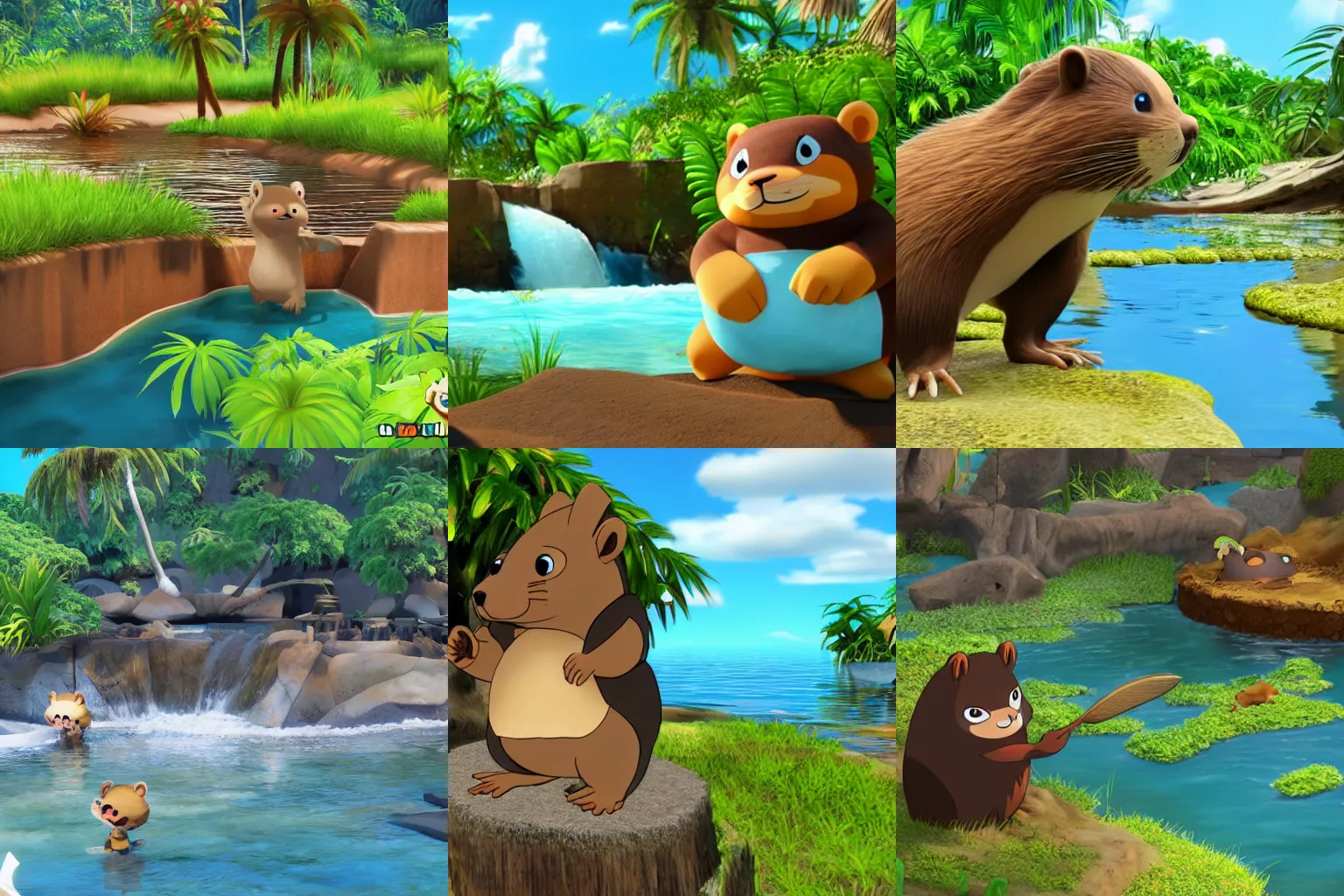 Prompt: anime beaver building a dam on a tropical island, unreal engine, sunny, happy