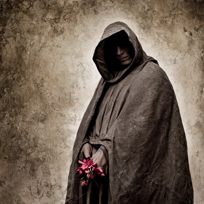 Image similar to closeup portrait of a cloaked hooded figure holding flowers, standing in a desolate abandoned house, by Annie Leibovitz and Steve McCurry, natural light, detailed face, CANON Eos C300, ƒ1.8, 35mm, 8K, medium-format print