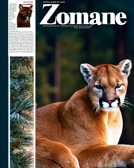 Image similar to magazine page showing 'a cougar sleeping in the middle of snowy pine tree' laying on coffee table, zoomed out shot, HD, iphone screenshot