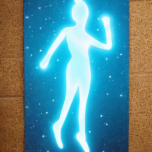 Image similar to a giant beautiful glowing blue woman floating in the night sky