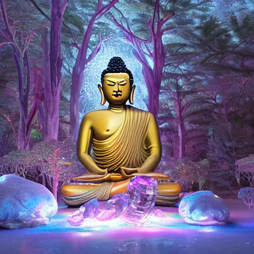 Image similar to budha sculpture made of crystal and shiny fine ice, shiny ornaments, bioluminescence, vegetation, colorful, rim light, highly detailed, tilt shift, digital painting, concept art, smooth, sharp focus, pleasing aesthetics, josan gonzalez, michael dante dimartino, simon stalenhag, octane render, disney pixar, 4 k