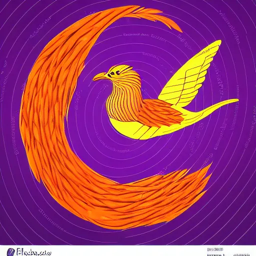 Image similar to phoenix salt bird round composition rebirth orange purple symbolism swirl tail feather graphic design Egyptian style