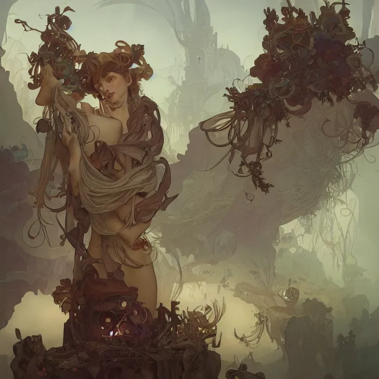 Prompt: opening pandora's box, concept art, nostalgic melancholic artwork, by Peter Mohrbacher and Alphonse Mucha, detailed, style, 8k, trending on artstation, unreal engine 4k, detailed, clean background trending, full shot, symmetrical portrait, sophisticated, Unreal engine, dystopia, anti-utopia, post processing, psychadelic