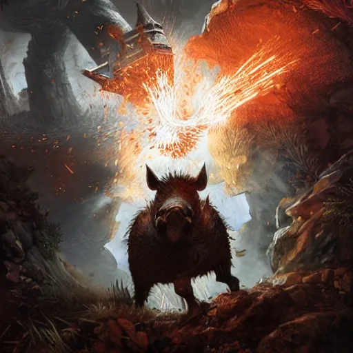 Image similar to Boar, Anthropomorphized, casting epic spell, magic the gathering artwork, D&D, fantasy, cinematic lighting, centered, symmetrical, highly detailed, digital painting, artstation, concept art, smooth, sharp focus, illustration, volumetric lighting, epic Composition, 8k, art by Akihiko Yoshida and Greg Rutkowski and Craig Mullins, heroic pose, oil painting, cgsociety, magic lab background