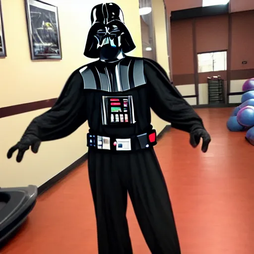 Prompt: Darth Vader in a unitard at Curves working out and doing aerobics