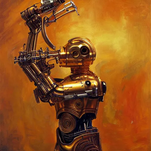 Prompt: medium shot stunning portrait of C3PO playing the golden lyre, painting by Raymond Swanland and Donato Giancola, Robot, sci-fi, cybernetic, hq