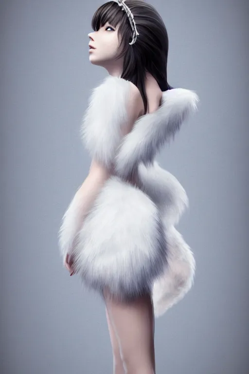 Image similar to beautiful aesthetic full body digital illustration of a young woman wearing a furry white dress, furry white cat ears and tail, by wlop and Julia Razumova, realistic, photorealistic, hyperrealistic, unreal engine, cosplay, octane, deviantArt, trending on artstation, artstation HQ