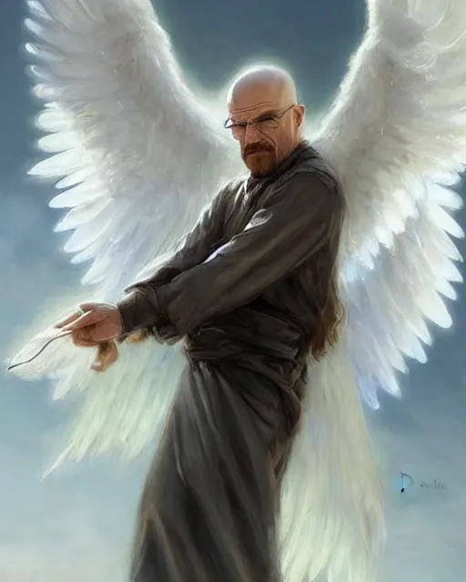 Image similar to walter white winged angel, male!!!!!!!, long white hair, by daniel gerhartz, trending on artstation