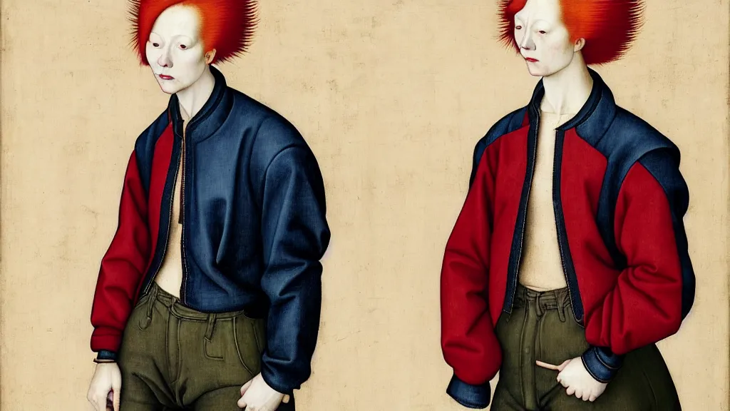 Prompt: portrait of a androgynous woman with red hair, wearing a jeans jackets, a high collar t - shirt and baggy jeans, in the style of rogier van der weyden and jacopo da pontormo, standing in a botanical garden, bjork aesthetic, masterpiece, cyberpunk, asian art, intricate details, highly detailed