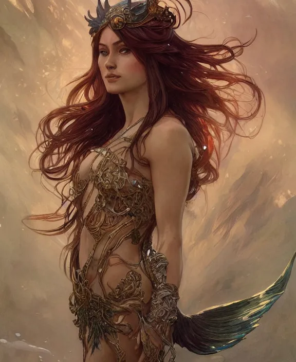 Image similar to portrait of a powerful mermaid sorceress, full body, d & d, fantasy, intricate, elegant, highly detailed, digital painting, artstation, concept art, art by artgerm and greg rutkowski and alphonse mucha