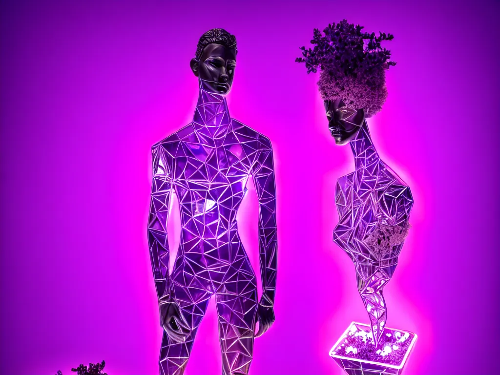 Image similar to beautiful mannequin sculpted out of amethyst by billelis + lit with purple 3 d geometric neon + chrome geometric cubed bonsai plants!!!!, doorway opening with neon pink geometric light, clean linework, dramatic, finely detailed, rule of thirds, moody, confident, award winning, 4 k, trending on artstation, photorealistic, volumetric lighting, octane render