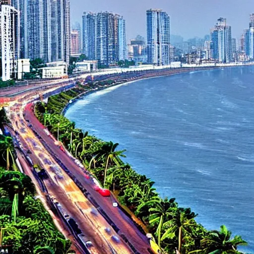 Prompt: marine drive : also known as the queen's necklace, marine drive is a 3 - kilometre - long promenade that offers stunning views of the arabian sea